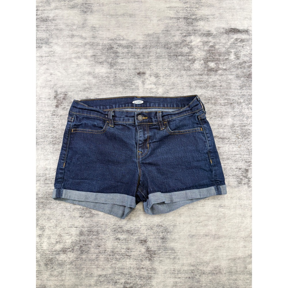 Old Navy Womens Dark Wash Cuffed Denim Shorts Size 6 Mid Rise Stretch Blue